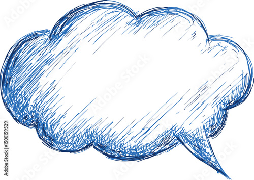 Blue hand-drawn speech bubble with rough sketch effect and cloud shape. Vector illustration