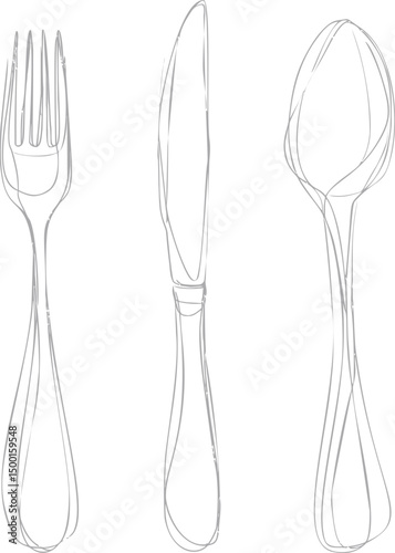 Sketch of elegant fork, knife, and spoon with minimalist design concept. Vector illustration