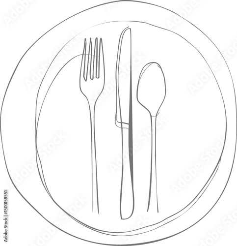 Minimalistic line art of cutlery set on a plate in monochrome style. Vector illustration