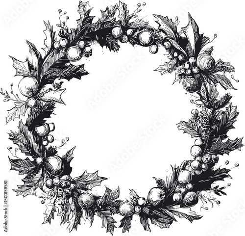 Intricate black and white christmas holly wreath with seasonal decor. Vector illustration