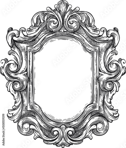 Ornate black and white vintage baroque style decorative picture frame. Vector illustration in sketch style