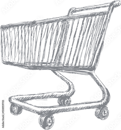 Sketch of a classic shopping cart in monochrome, side view, detailed art. Vector illustration