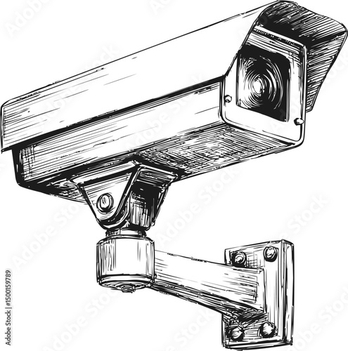 Monochrome sketch of a wall-mounted security camera for surveillance. Vector illustration