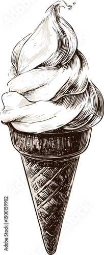 Detailed vintage illustration of soft serve ice cream cone in brown sketch style. Vector illustration