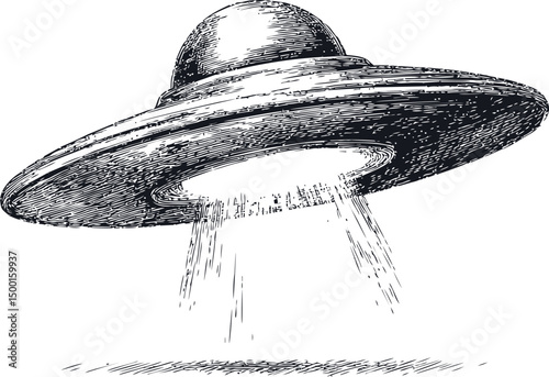 Black and white sketch of a flying saucer with beams of light, vintage style. Vector illustration
