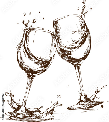 Ink sketch of two splashing wine glasses in a dynamic celebratory cheer. Vector illustration