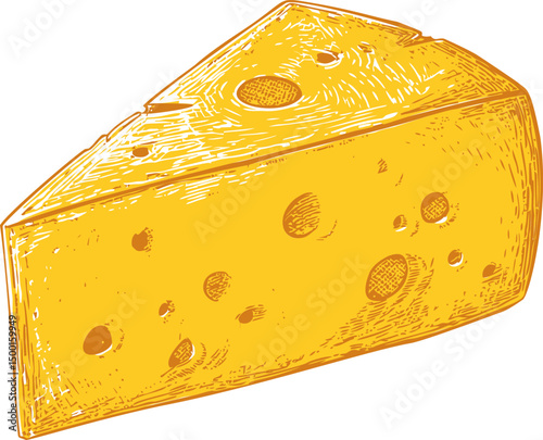 Illustration of a wedge of yellow Swiss cheese with holes and textured shading. Vector illustration in sketch style