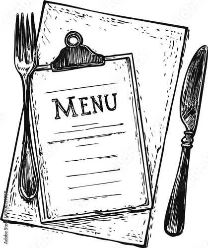 Hand drawn menu on clipboard with fork and knife in black and white sketch. Vector illustration