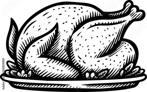 Illustration of a whole roasted turkey on a platter in black and white sketch. Vector illustration