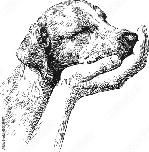 Gentle dog resting its head in a supportive human hand, black and white drawing. Vector illustration