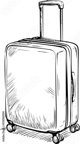 Sketch of a wheeled suitcase with handle in black and white line art style. Vector illustration