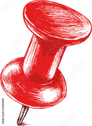 Red pushpin sketch with detailed shading, office tool. Vector illustration