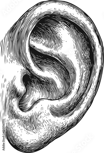 Intricate black and white sketch of a human ear illustration drawing. Vector illustration