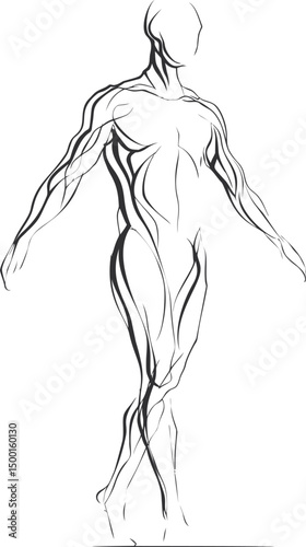 Abstract black line art of human figure in motion, dancing with grace. Vector illustration