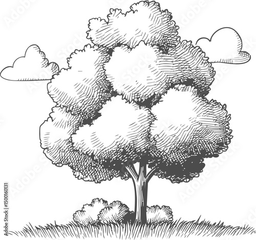 Black and white sketch of a tree with clouds in the background, hand-drawn style. Vector illustration