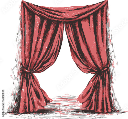 Red theater curtains drawn open sketch with dramatic atmosphere. Vector illustration