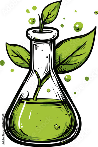 Green plant growing in laboratory flask graphic illustration, eco concept. Vector illustration