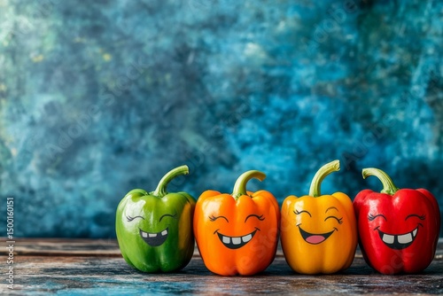 Four vibrant bell peppers symbolizing delight and cheerfulness with smiling emoticons