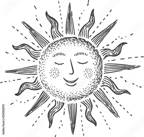 Smiling sun with rays in black and white sketch drawing illustration. Vector illustration