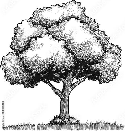 Vintage black and white drawing of a large oak tree on grassy field. Vector illustration in sketch style