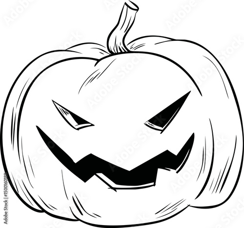 Black and white illustration of a sinister jack-o'-lantern face. Vector illustration