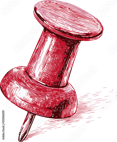 Red sketch of a push pin in motion with artistic shading. Vector illustration