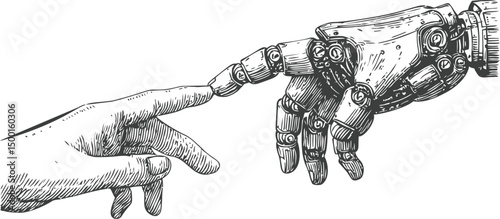 Human hand reaching toward a robotic hand in a detailed black and white sketch. Vector illustration