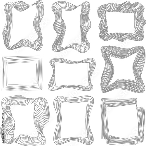 Nine hand-drawn abstract sketch frames, minimalist design. Vector illustration
