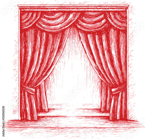 Red curtains sketch with open center and detailed drapery, theater concept. Vector illustration