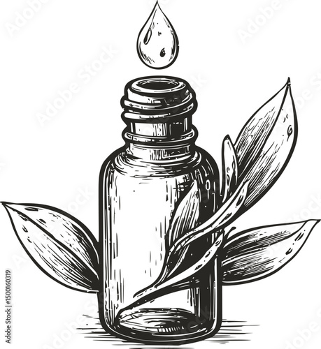 Glass bottle with leaves and droplet in vintage black and white illustration. Vector illustration