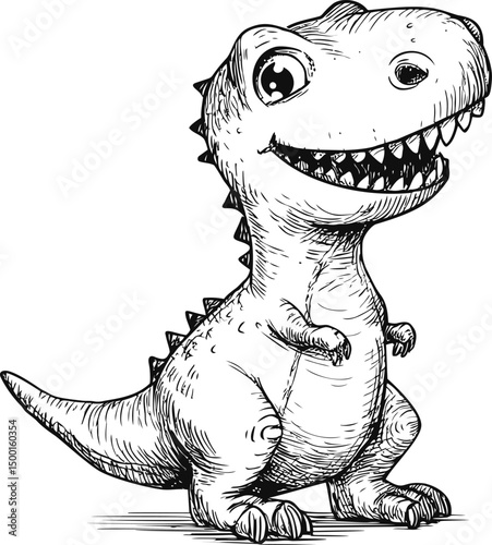 Adorable cartoon dinosaur with big eyes and sharp teeth in black and white sketch. Vector illustration