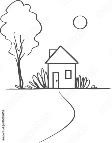 Simple line drawing of a house with a tree and sun in the background. Vector illustration