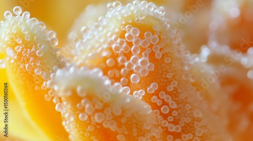 Close up of a yellow flower with a lot of white spots. The flower is covered in small white dots