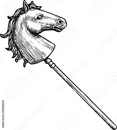 Black and white illustration of a vintage stick horse toy. Vector illustration