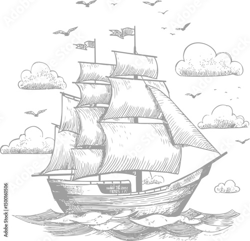 Sailing ship drawing with clouds and birds in a vintage style illustration. Vector illustration