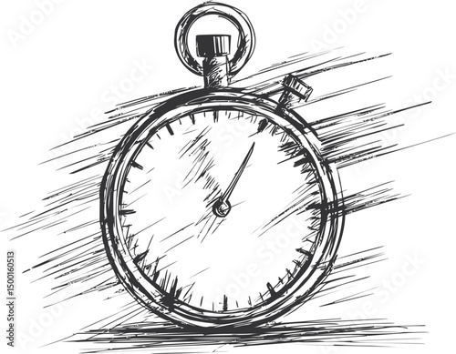 Sketched stopwatch with motion lines in black and white, vintage. Vector illustration