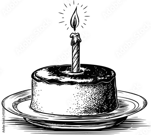 Black and white cake with single candle burning on a plate, vintage vector illustration in sketch style