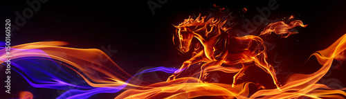 A horse gallops against the fire background