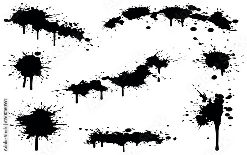 Black ink splatter set isolated on white background graphic design elements