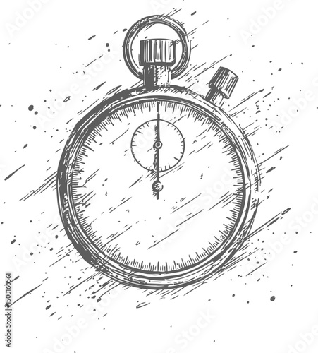 Detailed sketch of a vintage stopwatch with textured strokes. Vector illustration