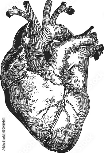 Intricate black and white illustration of a detailed human heart sketch. Vector illustration