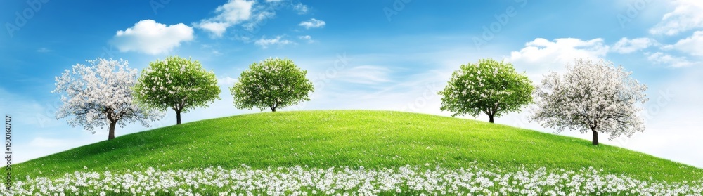 Obraz premium Dotted with trees, a lush green hilltop lies under a vibrant sky