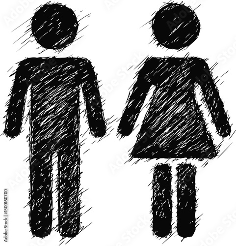 Sketchy black male and female restroom icons, conceptual drawing. Vector illustration