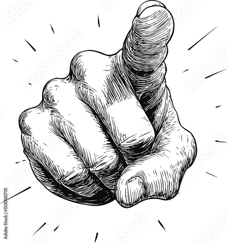 Illustration of a pointing hand with sketch lines in black and white drawing. Vector illustration