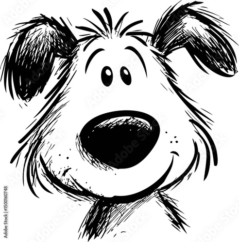 Black and white cartoon dog with fluffy ears and a curious expression. Vector illustration in sketch style