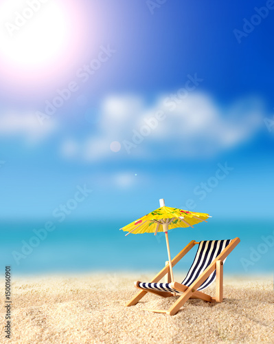 Fototapeta Naklejka Na Ścianę i Meble -  Beach chairs on the gold sand beach with umbrella, cloudy blue sky and sun