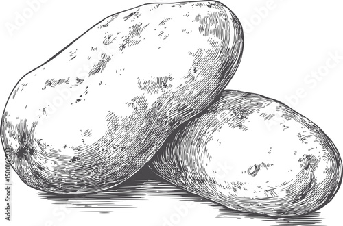 Illustrated black and white sketch of two rustic unpeeled potatoes. Vector illustration