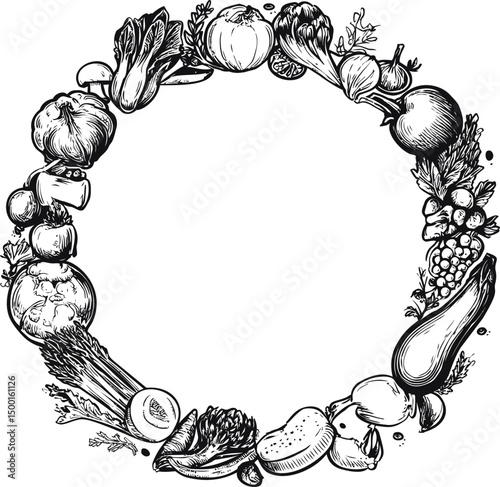 Vintage vegetable illustration forming a circle with diverse vegetables. Vector illustration