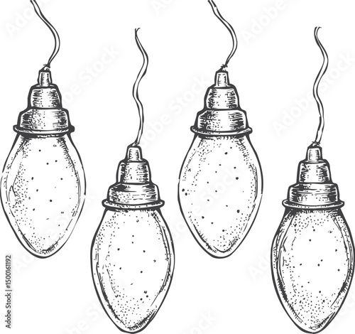 Hand-drawn vintage filament bulbs with intricate details in black and white sketch. Vector illustration