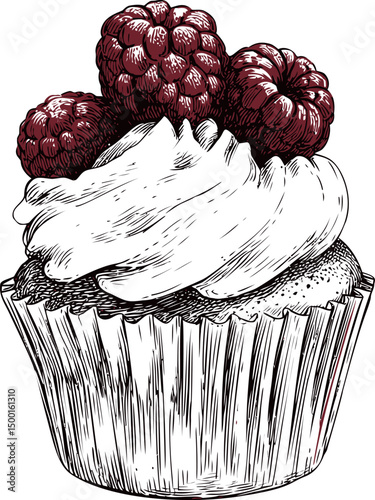 Illustration of a cupcake with raspberries and cream in vintage sketch style. Vector illustration
